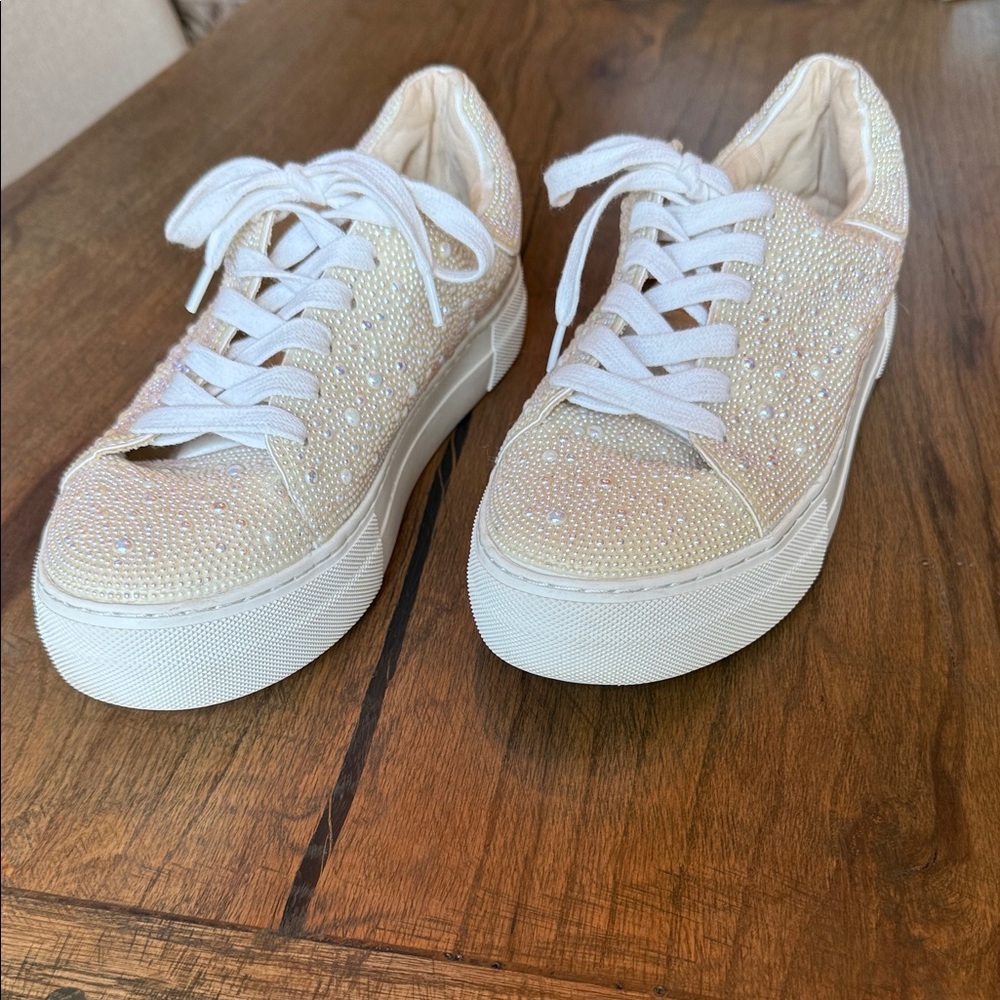 Women's  Betsy JohnsonCream Sneakers with iridescent pearl detailing